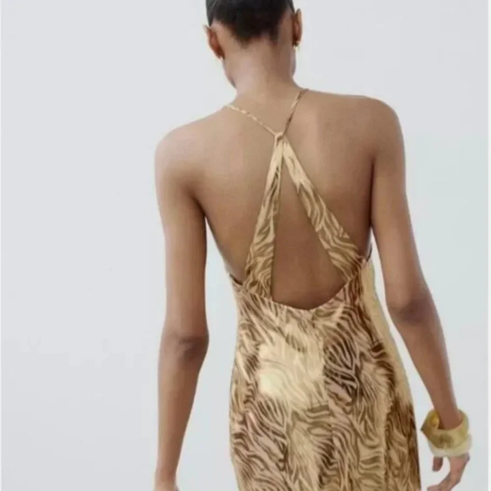 Zara Foil Animal Print Halter Midi Dress